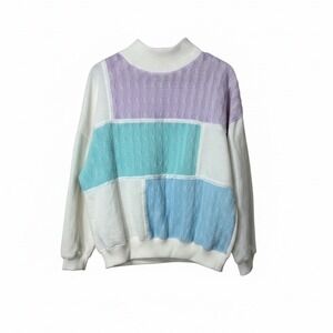 Vintage First Run Pastel Colorblock Cable Knit Mock Neck Sweatshirt Womens‎ L